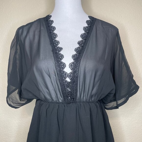 NWT Romwe Black Chiffon Lace Trim Deep V-Neck Tunic Mini Dress S Goth Cottage - Picture 2 of 10
